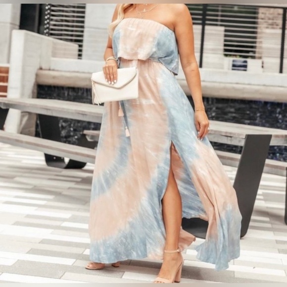 Aakaa|Strapless Blush Pink & Blue Tie Dye Maxi Dress with Deep Slit, Size M••• - Picture 3 of 16